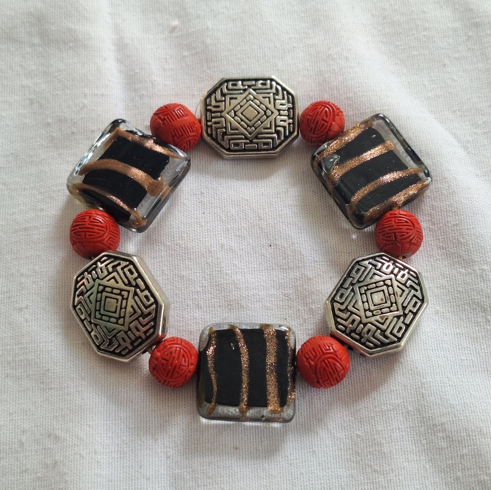 Carved Cinnabar Stretch Bracelet